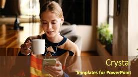  Presentation with colorful music - PPT theme featuring young-woman-in-colorful-sweater background and a tawny brown colored foreground