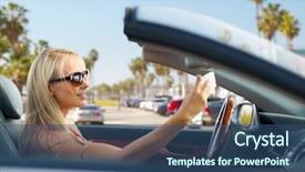  Presentation with road trip - PPT theme featuring young woman in convertible car background and a ocean colored foreground