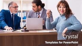  Presentation with judge - PPT theme featuring young-woman-in-courthouse background and a tawny brown colored foreground