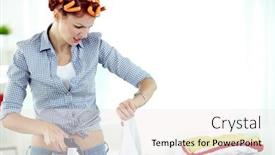  Presentation with ironing - PPT layouts consisting of young-woman-in-curlers-ironing background and a sky blue colored foreground
