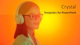  Presentation with music headphones - PPT theme consisting of young-woman-in-eyeglasses background and a light gray colored foreground