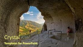  Presentation with cave - Presentation design featuring young woman in famous vardzia cave town monastery landmark of georgia background and a tawny brown colored foreground