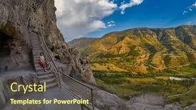  Presentation with cave - Colorful presentation design enhanced with young woman in famous vardzia cave town monastery landmark of georgia backdrop and a tawny brown colored foreground