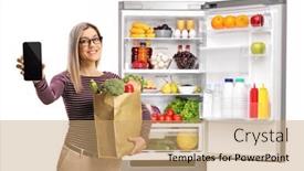  Presentation with fridge - Presentation theme with young-woman-in-front background and a coral colored foreground