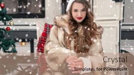 Presentation with new year - Presentation theme with young-woman-in-fur-coat background and a coral colored foreground