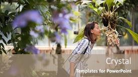  Presentation with eco - Audience pleasing presentation theme consisting of young-woman-in-garden-smelling backdrop and a coral colored foreground