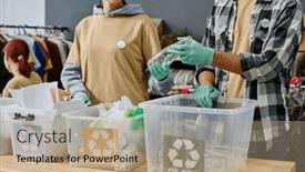  Presentation with garbage bins - Slide set featuring young-woman-in-gloves-passing background and a coral colored foreground