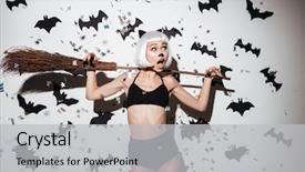  Presentation with halloween flying bats note - Theme enhanced with young woman in halloween cat background and a light gray colored foreground