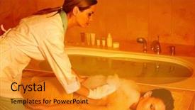  Presentation with bath bombs for mothers - Audience pleasing theme consisting of young woman in hammam backdrop and a gold colored foreground