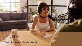  Presentation with recording studio - PPT theme consisting of young-woman-in-headphones-looking background and a coral colored foreground