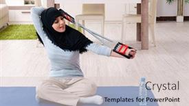  Presentation with hijab - Audience pleasing PPT layouts consisting of young woman in hijab doing exercises at home backdrop and a lemonade colored foreground