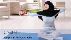  Presentation with hijab - Cool new presentation design with young woman in hijab doing exercises at home backdrop and a light blue colored foreground