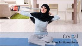  Presentation with hijab - Presentation design with young woman in hijab doing exercises at home background and a teal colored foreground