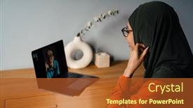  Presentation with video conference - PPT theme enhanced with young-woman-in-hijab background and a red colored foreground