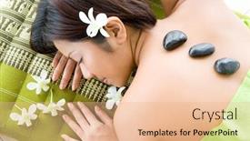  Presentation with massage therapy - Cool new slide set with young woman in hot stone therapy resting on massage bed surrounded with white orchid backdrop and a coral colored foreground