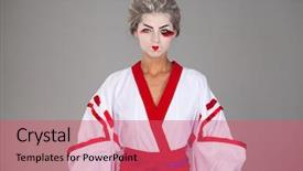  Presentation with kimono - Beautiful presentation theme featuring young woman in kimono isolated on gray background backdrop and a coral colored foreground