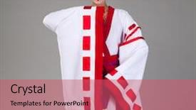  Presentation with kimono - Cool new PPT layouts with young woman in kimono isolated on gray background backdrop and a coral colored foreground