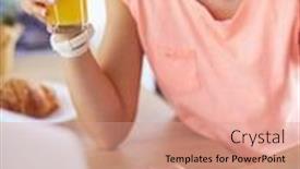  Presentation with blogger - Presentation design consisting of young woman in kitchen with laptop computer looking recipes smiling food blogger concept background and a coral colored foreground