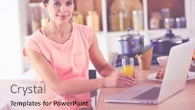  Presentation with blogger - PPT theme consisting of young-woman-in-kitchen background and a coral colored foreground