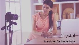  Presentation with blogger - PPT theme consisting of young-woman-in-kitchen background and a coral colored foreground