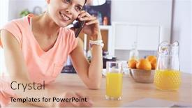  Presentation with blogger - PPT theme enhanced with young-woman-in-kitchen background and a coral colored foreground