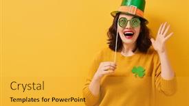  Presentation with saint patrick day - Audience pleasing theme consisting of young-woman-in-leprechaun-hat backdrop and a gold colored foreground