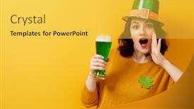  Presentation with saint patrick day - Audience pleasing theme consisting of young-woman-in-leprechaun-hat backdrop and a yellow colored foreground