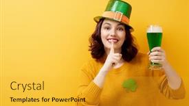  Presentation with saint patrick day - PPT layouts featuring young-woman-in-leprechaun-hat background and a gold colored foreground