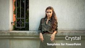  Presentation with lean - Slide set featuring young woman in military style fashion dress lean on wall day shot natural light background and a gray colored foreground