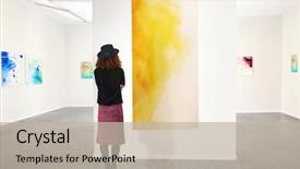  Presentation with art gallery - Beautiful presentation design featuring young woman in modern art backdrop and a mint green colored foreground