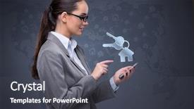  Presentation with hotel - PPT theme featuring young woman in online hotel background and a dark gray colored foreground