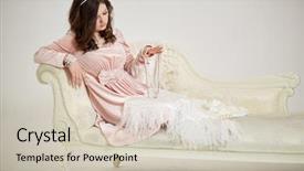  Presentation with pink pearl - Colorful slide set enhanced with young woman in pink dress with pearl necklace beads and diadem in hair reclines on couch backdrop and a soft green colored foreground