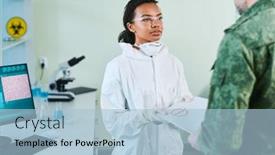  Presentation with secret - PPT theme enhanced with young-woman-in-protective-coveralls background and a light blue colored foreground