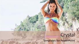  Presentation with sea rainbow - Cool new PPT theme with young woman in rainbow bikini backdrop and a coral colored foreground