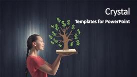  Presentation with money tree - Presentation design featuring young woman in red dress with book in hands and money tree on pages background and a wine colored foreground