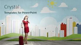  Presentation with luggage - Slide deck with young woman in red dress with red luggage talking on mobile phone background and a light blue colored foreground