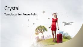  Presentation with luggage - Slide deck having young woman in red dress with red luggage with mobile phone in hand background and a sky blue colored foreground