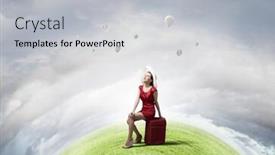  Presentation with luggage - PPT layouts featuring young woman in red dress on road sitting on her red luggage background and a light gray colored foreground