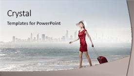  Presentation with luggage - Slide deck with young woman in red dress with red luggage background and a light gray colored foreground