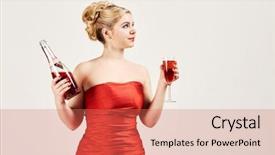  Presentation with bottle red wine - Presentation theme enhanced with young woman in red dress with bottle of wine in one hand and wineglass in another background and a coral colored foreground