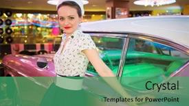 Presentation with retro - Slide set with young woman in retro dress in bar touching pink car background and a ocean colored foreground