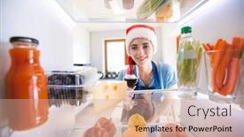  Presentation with refrigerator - PPT layouts featuring young woman in santa hat drinking red wine near the refrigerator background and a coral colored foreground