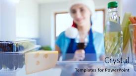  Presentation with refrigerator - Slides featuring young woman in santa hat drinking red wine near the refrigerator background and a light blue colored foreground