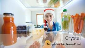  Presentation with refrigerator - Cool new presentation theme with young woman in santa hat drinking red wine near the refrigerator backdrop and a coral colored foreground