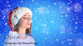  Presentation with christmas music - Slide deck with young woman in santa's hat with headphones listening to music and snow effect on color background christmas and new year songs background and a light blue colored foreground
