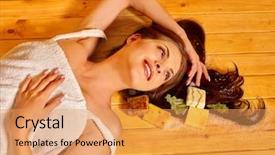  Presentation with hand soap - Audience pleasing slide set consisting of young woman in sauna with soap girl lying on wooden boards hand on head backdrop and a yellow colored foreground