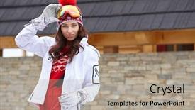  Presentation with people concept surgeon in mask - Slide set consisting of young woman in ski coth background and a  colored foreground