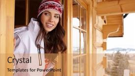  Presentation with woman sport - Cool new PPT theme with young woman in ski coth backdrop and a coral colored foreground