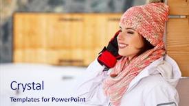  Presentation with woman sport - Slides having young woman in ski coth background and a sky blue colored foreground