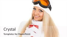  Presentation with winter sports - PPT layouts featuring young woman in ski glasses and winter warm clothes with red cup stands on a white background winter sports background and a sky blue colored foreground